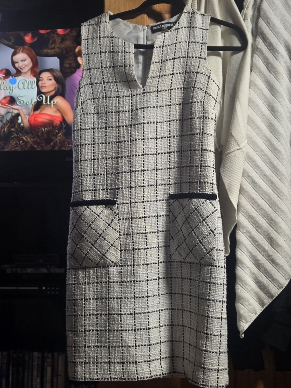 Karl Lagerfeld Black & White Windowpane Tweed Pocket Mini Dress